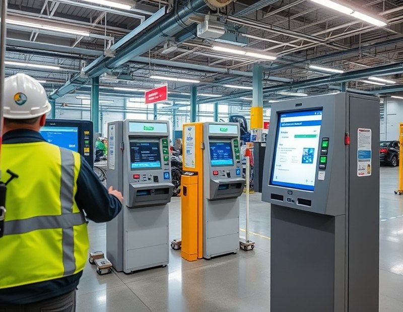 Tecnico durante la manutenzione di un terminale self-service
