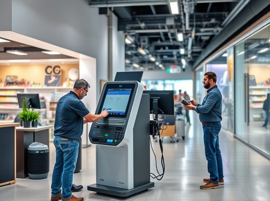 Tecnico durante la manutenzione di un terminale self-service